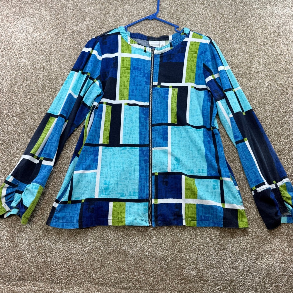 Weekends Chico's Women Blue Green Geometric Full Zip Top 2 Large VTG Abstract